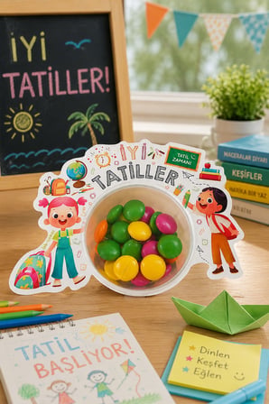 İyi Tatiller Şekerleme Kutusu 12 li  – Karne Hediyesi Çocuk Şeker Kutusu – Tatil Temalı Sürpriz Kutusu