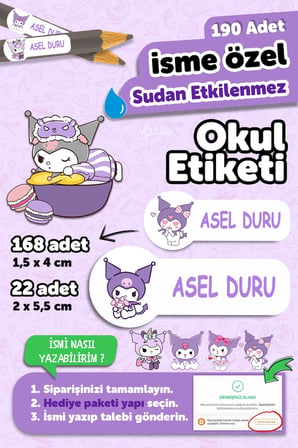 Okul Etiketi Kalem Defter isimli Etiket Isim Yazılabilen Kuromi 3- 190 Adet Özel Tasarım Etiket