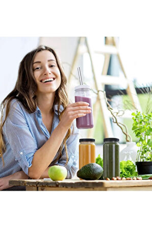 1 Adet (Pipet ve 2 Kapaklı) Cam  Bardak  , Hava Geçirmez Kapak, Meyve Suyu, Boba, Smoothie,