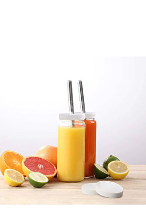 1 Adet (Pipet ve 2 Kapaklı) Cam  Bardak  , Hava Geçirmez Kapak, Meyve Suyu, Boba, Smoothie,
