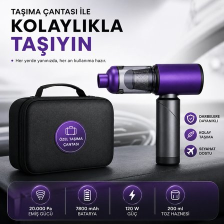 20.000 Pa Kablosuz Araç Süpürgesi 120W Güçlü Emiş 7800 mAh Şarjlı El Süpürgesi 8 Başlıklı HEPA Filtreli Mini Vakum