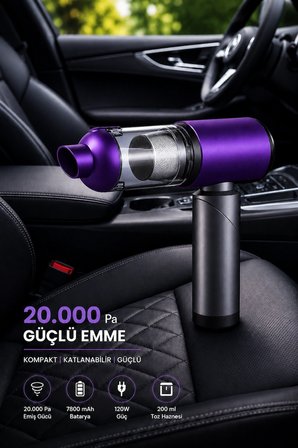 20.000 Pa Kablosuz Araç Süpürgesi 120W Güçlü Emiş 7800 mAh Şarjlı El Süpürgesi 8 Başlıklı HEPA Filtreli Mini Vakum