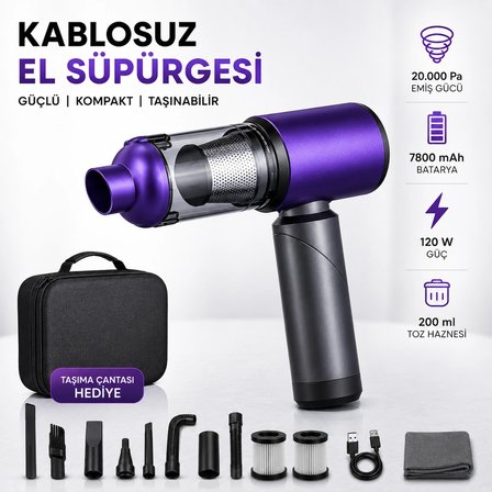 20.000 Pa Kablosuz Araç Süpürgesi 120W Güçlü Emiş 7800 mAh Şarjlı El Süpürgesi 8 Başlıklı HEPA Filtreli Mini Vakum