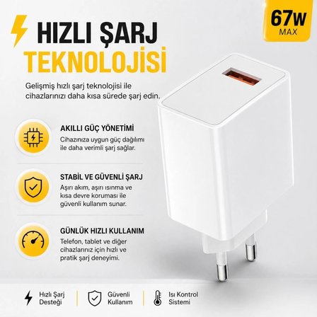 67W Hızlı Şarj Adaptörü USB Çıkışlı Kablo Dahil Type-C Uyumlu Hızlı Şarj Cihazı Güvenli Şarj Başlığı