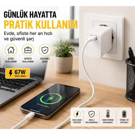 67W Hızlı Şarj Adaptörü USB Çıkışlı Kablo Dahil Type-C Uyumlu Hızlı Şarj Cihazı Güvenli Şarj Başlığı