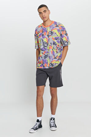 Oversize Fit Bol Kesim Pamuklu Baskılı Bisiklet Yaka Tişört