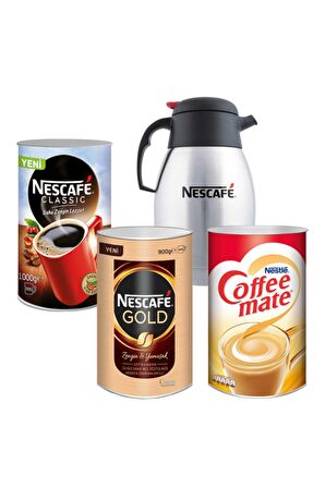 Nescafe Classic & Gold Klasik Sade 1 kg-900 gr Teneke + Nestle Coffee Mate 2 kg + Cam Kavanoz
