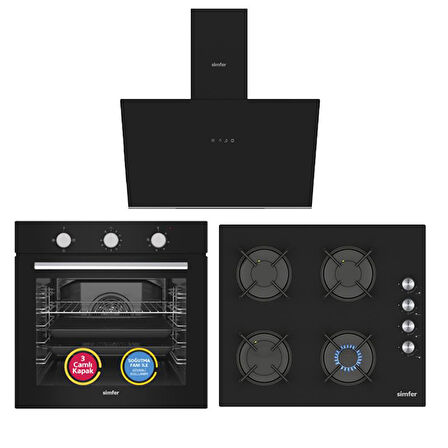 Simfer 4 Fonksiyon Mekanik Siyah Power Turbo 3'lü Ankastre Set(8205 Fırın + 3046 Ocak + 8721 Davlumbaz)