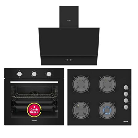 Simfer 4 Fonksiyon Siyah Statik 3'lü Ankastre Set (8205 Fırın + 3500 Ocak + 8708 Davlumbaz)