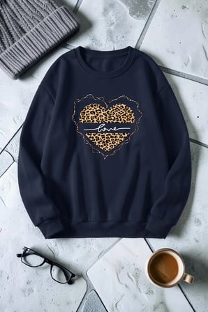Unisex Leopar Desenli Kalp Baskılı Bisiklet Yaka Sweatshirt