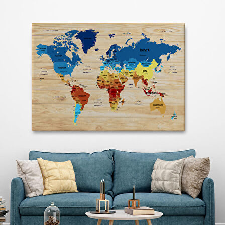 Harita Sepeti Ahşap Görünümlü Türkçe Dünya Haritası Ülke Başkentli Kanvas Tablo 1820