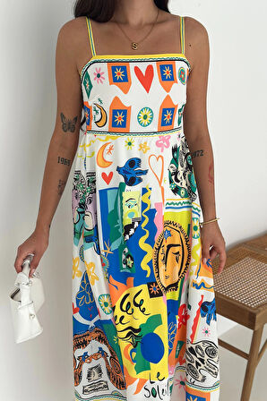 İthal Krep Kumaş Desenli Elbise Sarı