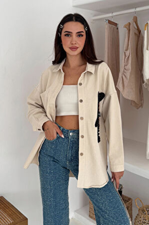 Leopar Ayıcık Armalı Gabardin Kumaş Gömlek Krem