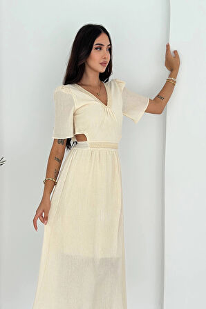 Beli Açık Garnili Krinkıl Keten Elbise Krem