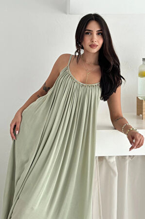 Askılı Önü Boncuklu İşlemeli Salaş Elbise Haki