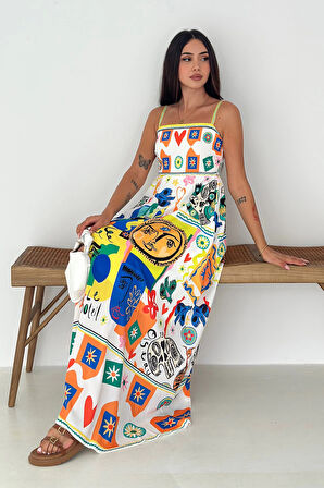 İthal Krep Kumaş Desenli Elbise Sarı