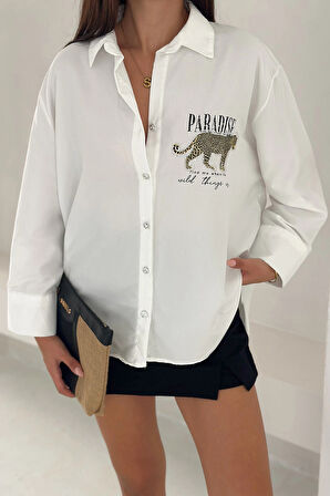 Dril Kumaş Paradise Baskılı Taşlı Gömlek Gold