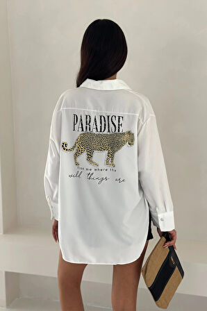 Dril Kumaş Paradise Baskılı Taşlı Gömlek Gold