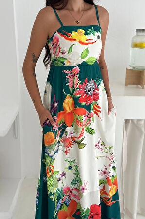 İthal Krep Kumaş Desenli Elbise Yeşil