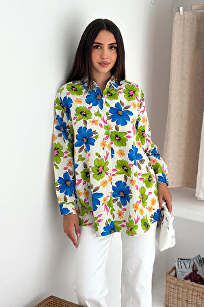 Çiçek Desenli Keten Gömlek