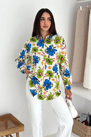 Çiçek Desenli Keten Gömlek