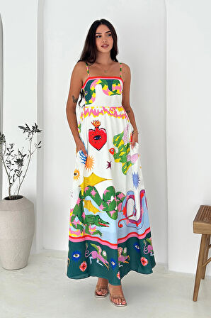 İthal Krep Kumaş Kare Yaka Elbise Desenli