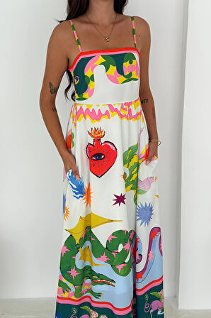 İthal Krep Kumaş Kare Yaka Elbise Desenli