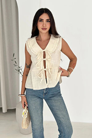 Bebe Yaka Bağlamalı Gömlek Krem