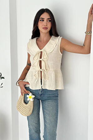 Bebe Yaka Bağlamalı Gömlek Krem