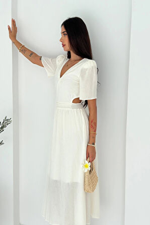 Beli Açık Garnili Krinkıl Keten Elbise Beyaz