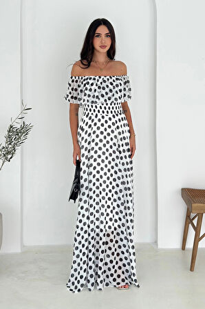 Madonna Yaka Puantiye Desen Şifon Elbise