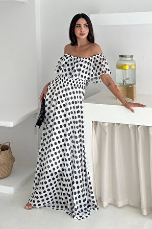 Madonna Yaka Puantiye Desen Şifon Elbise