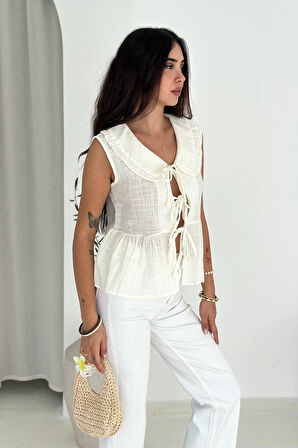 Bebe Yaka Bağlamalı Gömlek Beyaz