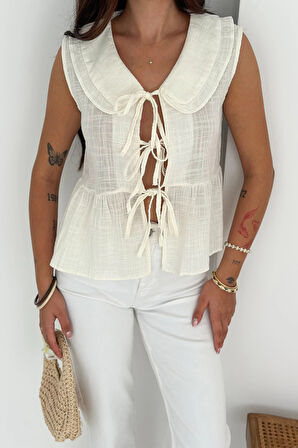 Bebe Yaka Bağlamalı Gömlek Beyaz