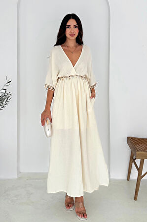 Anvelop Yaka Pullu Elbise Beyaz