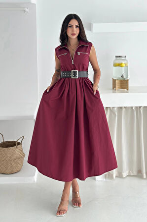 Paraşüt Kumaş Kemerli Elbise Bordo