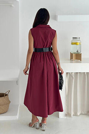 Paraşüt Kumaş Kemerli Elbise Bordo