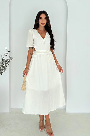 Beli Açık Garnili Krinkıl Keten Elbise Beyaz