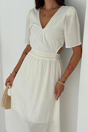 Beli Açık Garnili Krinkıl Keten Elbise Beyaz