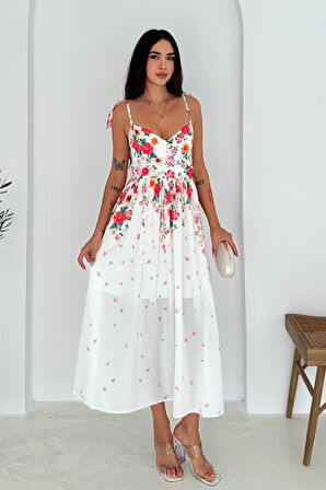 Çiçek Desenli Elbise İthal Krep Kumaş Beyaz