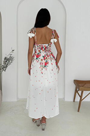 Çiçek Desenli Elbise İthal Krep Kumaş Beyaz