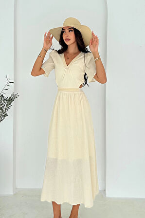 Beli Açık Garnili Krinkıl Keten Elbise Krem