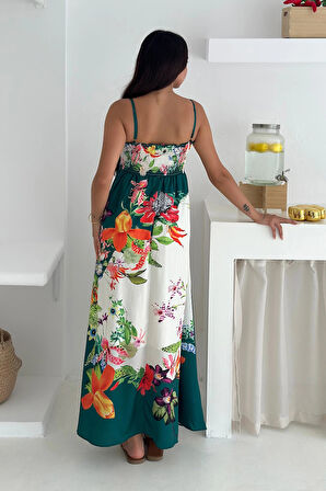 İthal Krep Kumaş Desenli Elbise Yeşil