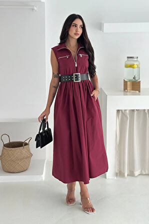 Paraşüt Kumaş Kemerli Elbise Bordo