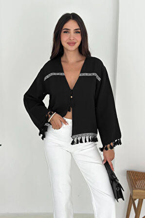Püsküllü Ters Dikiş Bağlamalı Bluz Siyah