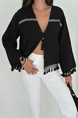Püsküllü Ters Dikiş Bağlamalı Bluz Siyah