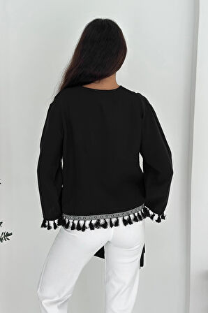 Püsküllü Ters Dikiş Bağlamalı Bluz Siyah