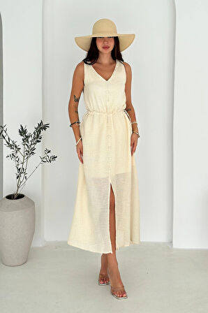 Etamin Kumaş Süs Düğmeli Elbise