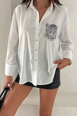 Aslan Desen Baskılı Taşlı Gömlek Gümüş