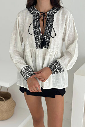 Etnik Desenli Bağlamalı Bluz Siyah